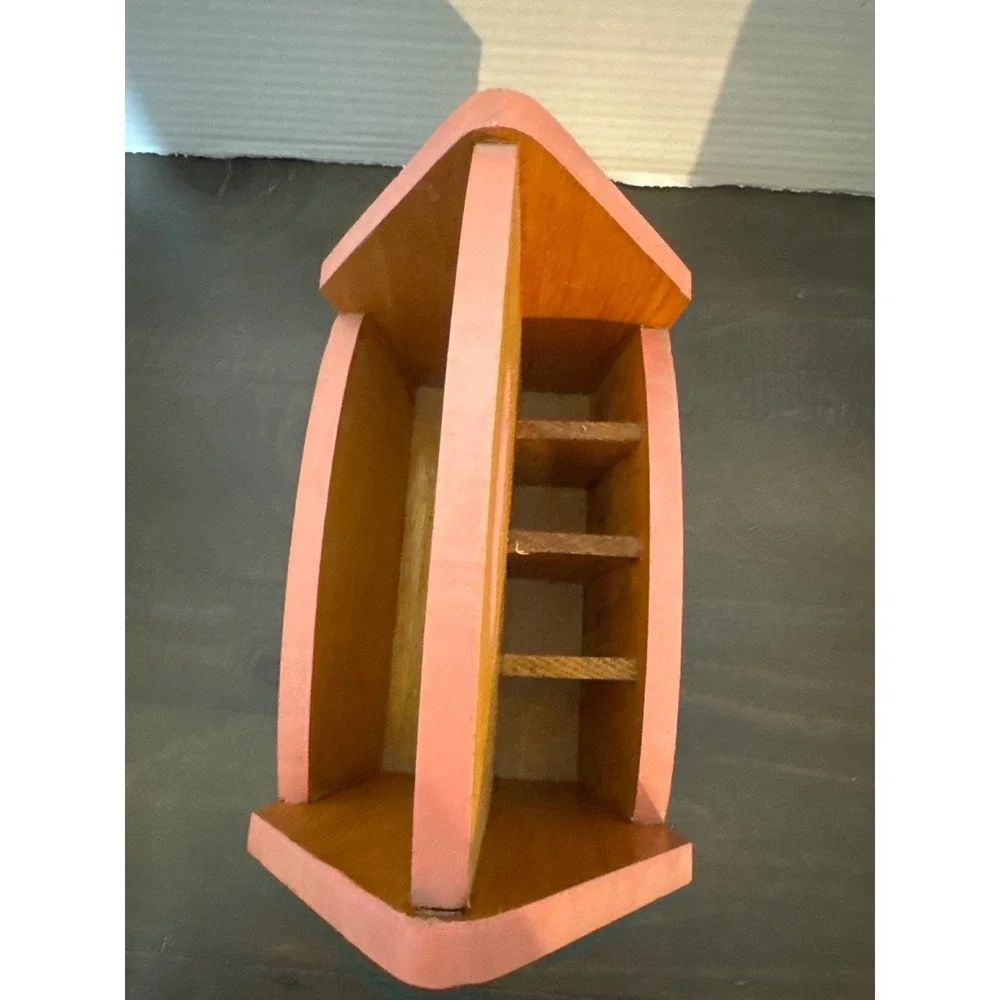 Vintage Hand Painted Wooden Floral Caddy Folk Art Mail Sorter Napkin Holder Pink